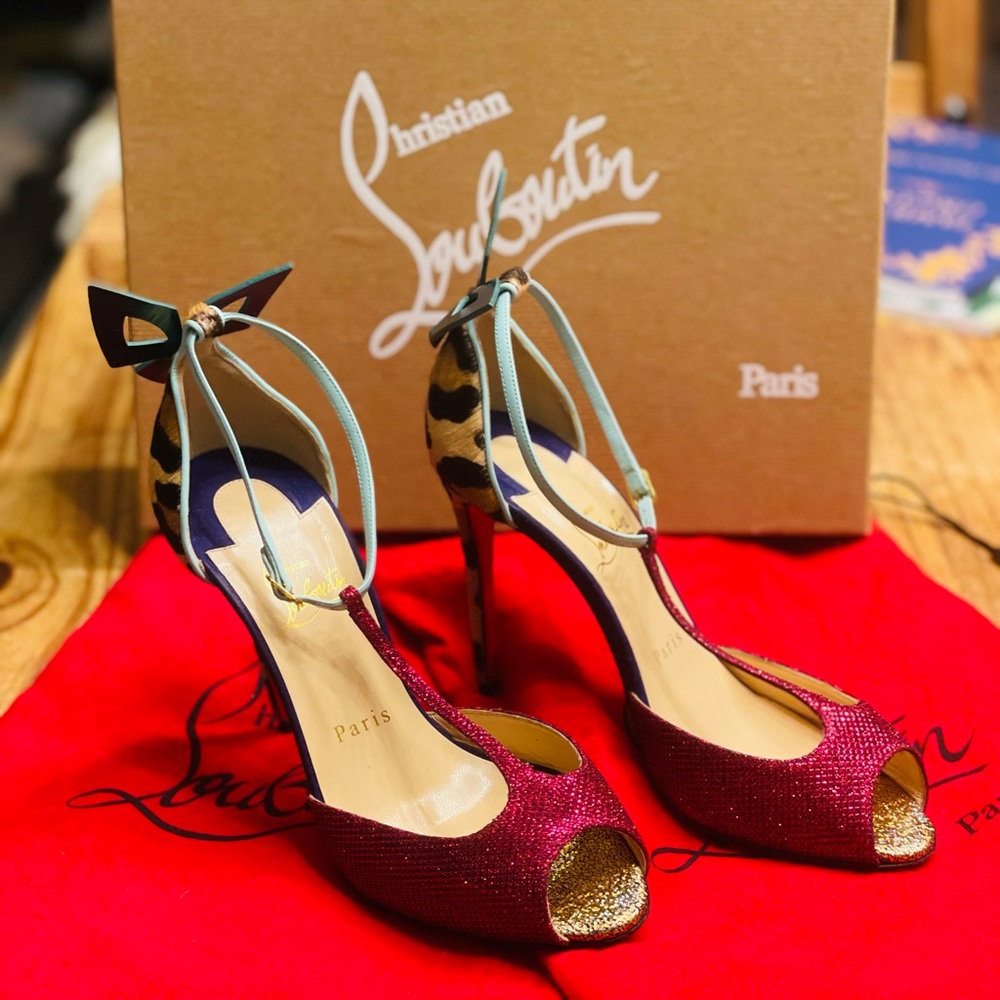 Christian Louboutin Pink and Gold Peep-Toe Heels with Butterfly Bows